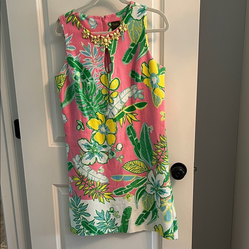 Taylor Floral Pink and Green Sleeveless Dress with pretty necklace attached